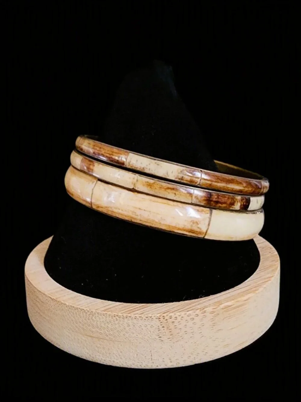 Vintage 1970s Bison Horn & Brass Bangle Bracelet Set of 3 Boho Stack
